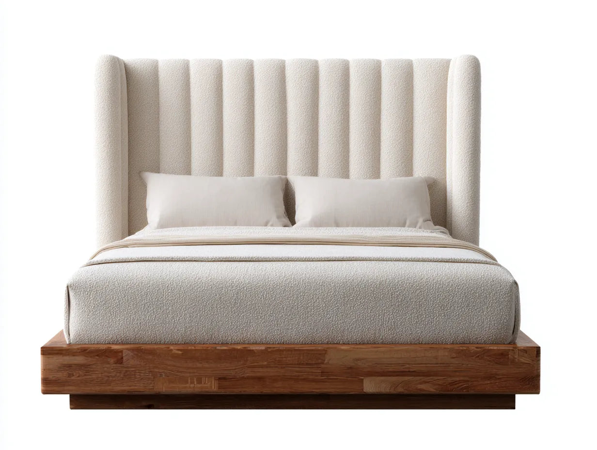 Letto matrimoniale imbottito in bianco sporco con testiera alta scanalata e base in legno scuro 200 x 180 x 135 cm - per camera da letto - stile moderno e avvolgente