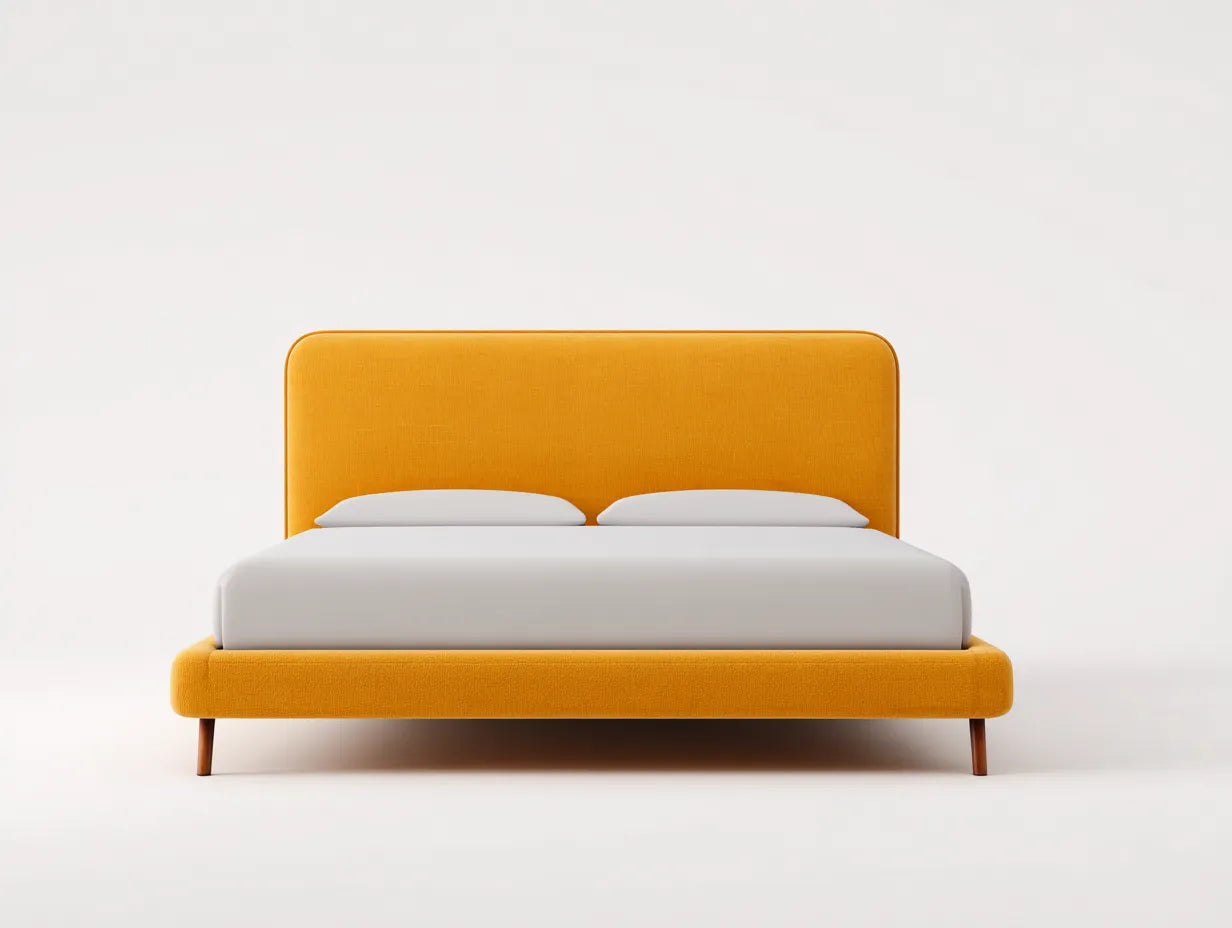 Letto matrimoniale imbottito in giallo senape con testiera alta rettangolare e struttura bassa 200 x 160 x 113 cm - per camera da letto - stile moderno e vivace