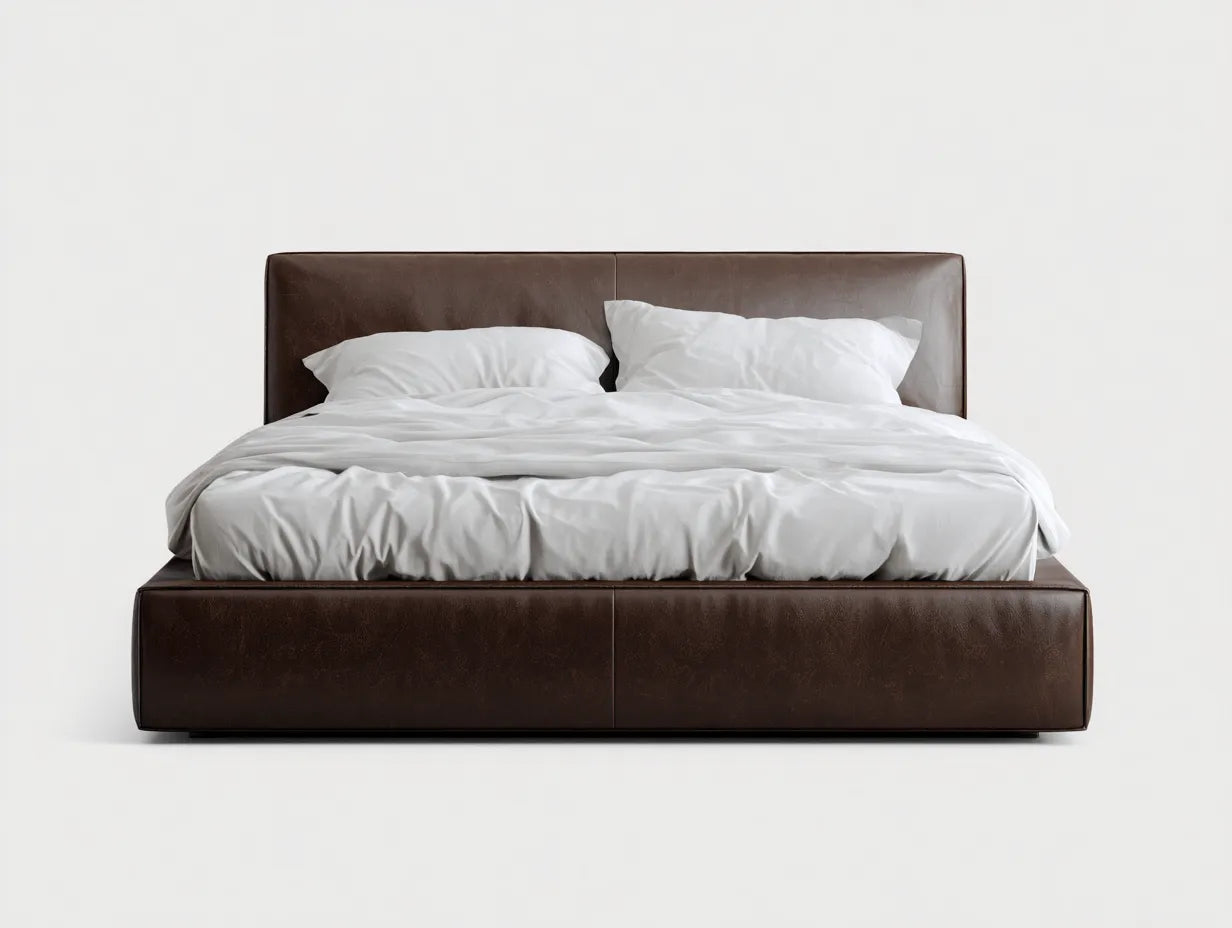 Letto matrimoniale in ecopelle marrone scuro con testiera lineare e base bassa imbottita 200 x 180 x 110 cm - per camera da letto - stile essenziale e deciso