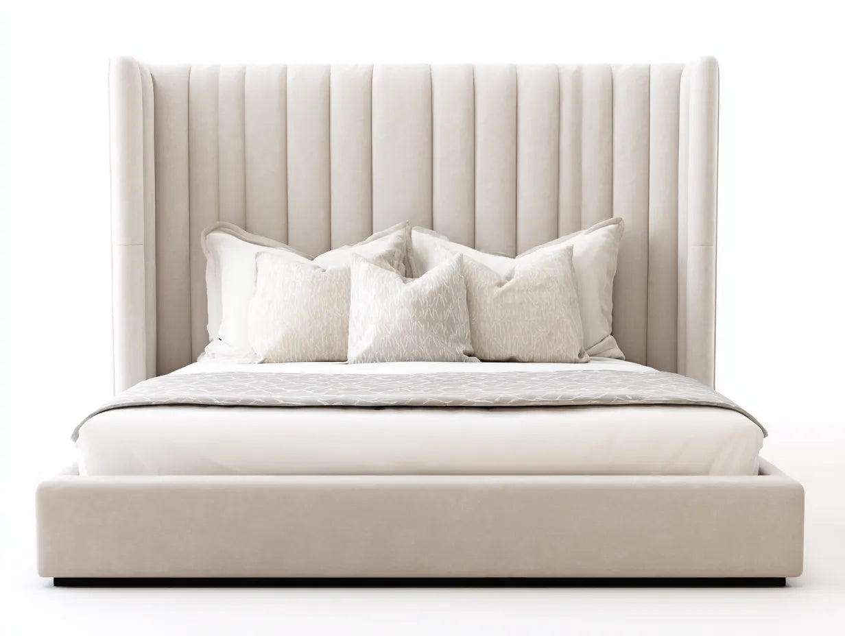 Letto matrimoniale imbottito in tessuto 200 x 180 x 145 cm - beige avorio - testiera alta con ali