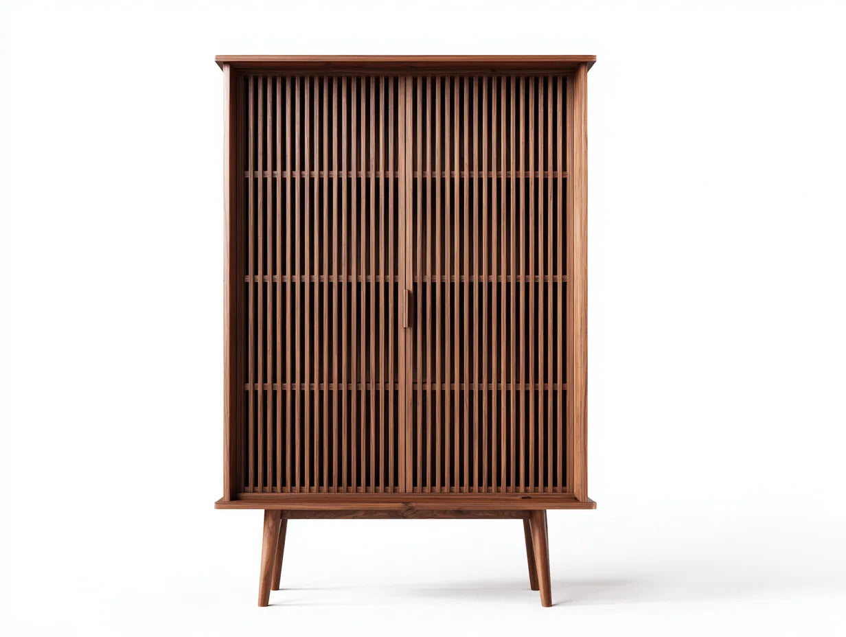 Armadio contenitore in legno 96x42x178 cm - noce medio - ante a doghe - design rétro per soggiorno