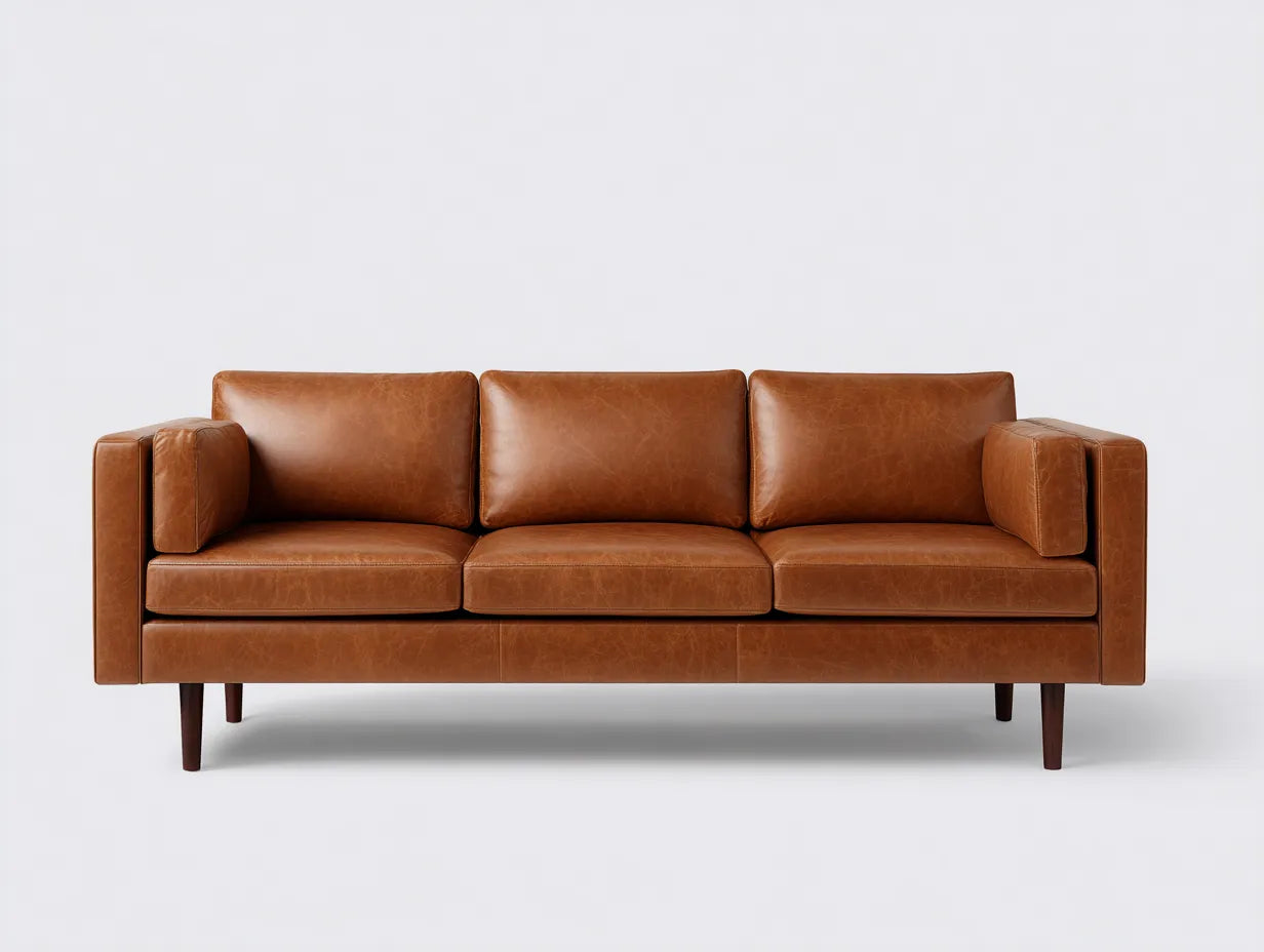 Divano 3 posti in ecopelle 222x90x84 cm - marrone tabacco - per soggiorno - design moderno con cuscini laterali e gambe in legno