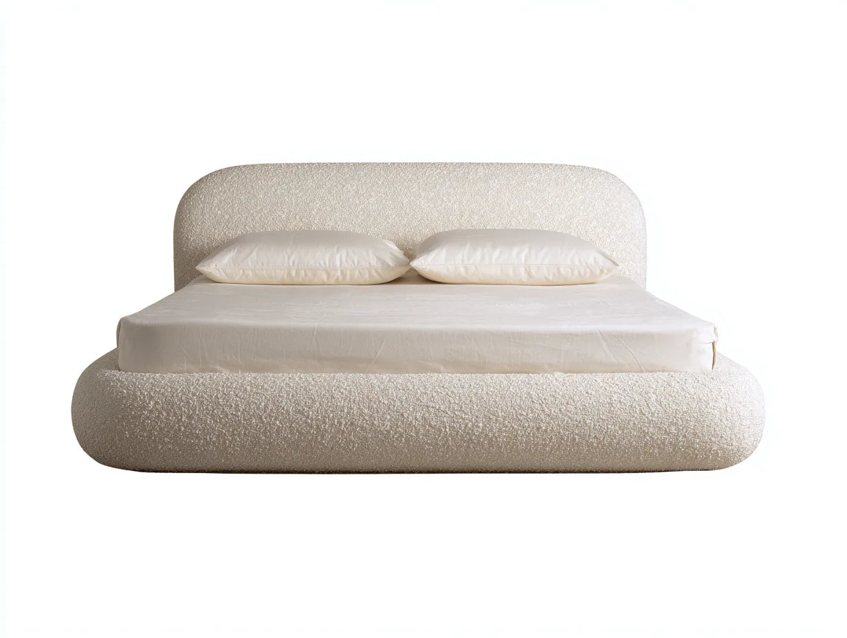 Letto matrimoniale imbottito in bianco crema con testiera curva e struttura bouclé arrotondata 200 x 180 x 92 cm - per camera da letto - stile morbido e contemporaneo