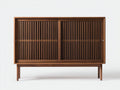 Armadio contenitore in legno 148x42x112 cm - noce caldo - ante scorrevoli a doghe - design rétro basso per soggiorno