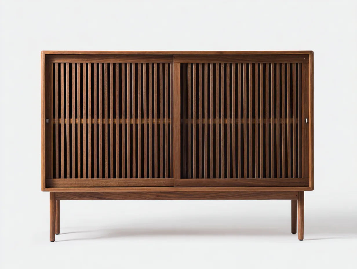 Armadio contenitore in legno 148x42x112 cm - noce caldo - ante scorrevoli a doghe - design rétro basso per soggiorno