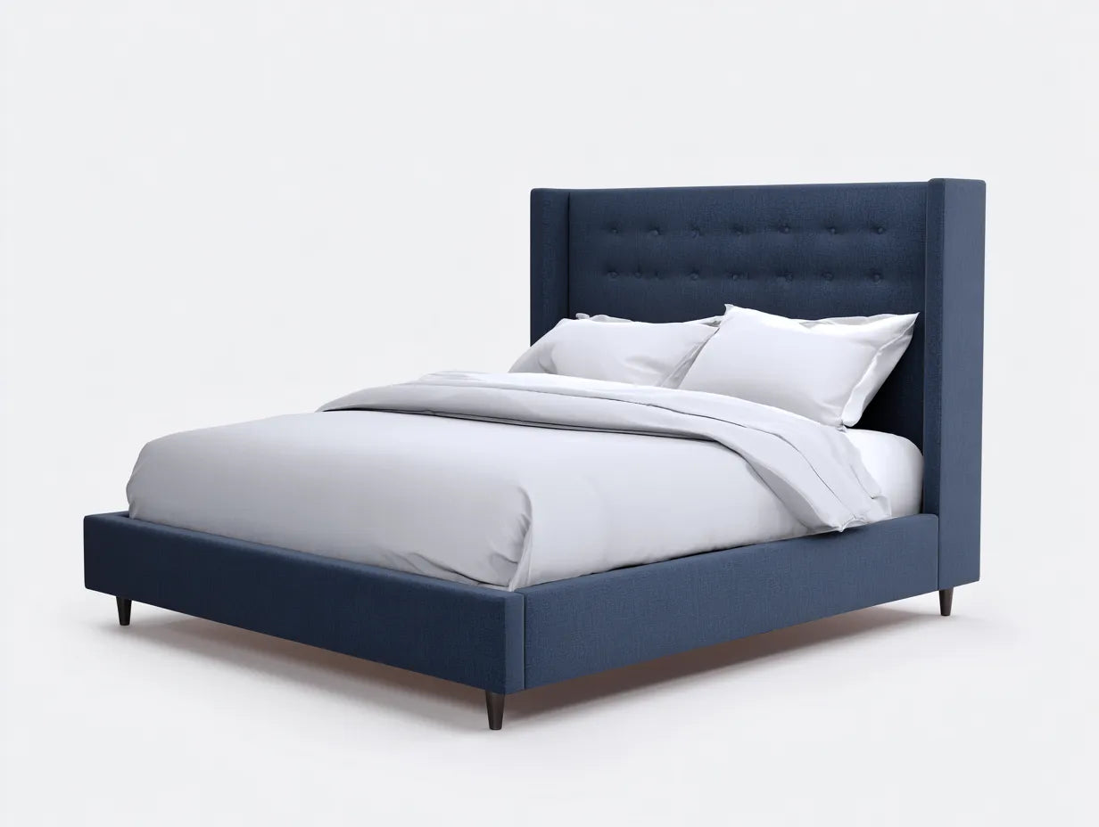 Letto matrimoniale imbottito in tessuto 200x160x135 cm - blu notte - testiera avvolgente con bottoni