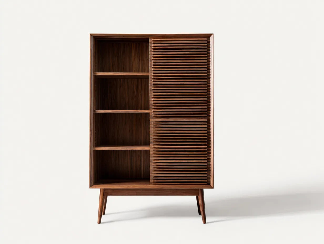 Armadio contenitore in legno 88x40x162 cm - noce scuro - anta scorrevole a doghe - design rétro compatto per soggiorno