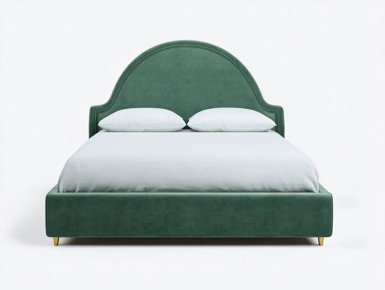 Letto matrimoniale imbottito in verde salvia con testiera arcuata e piedini dorati 200 x 160 x 135 cm - per camera da letto - stile elegante e contemporaneo